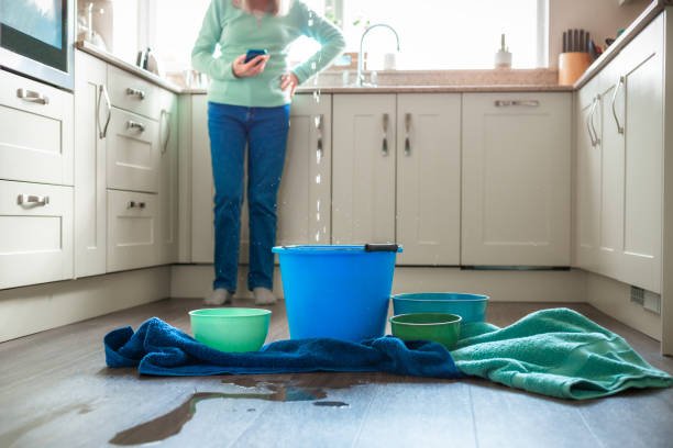 A senior woman looks worried as he deals with a water leak